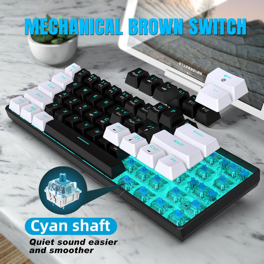 Mechanical keyboard 61 key short style small keyboard for office typing, black and white dual splicing ice blue backlit blue axis gaming keyboard