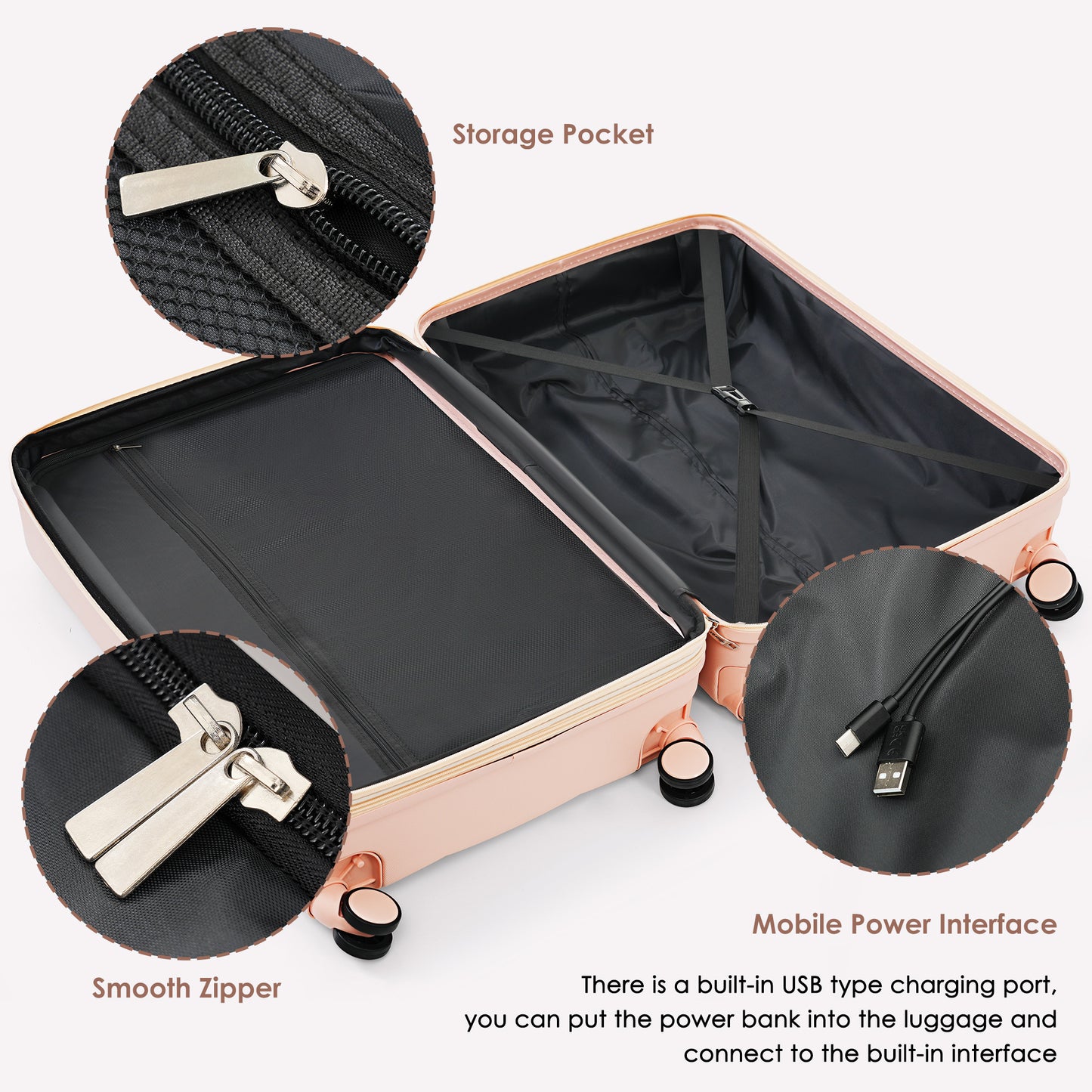 3-piece luggage set, 20 inches, ABS hard shell luggage with USB port and cup holder rotating wheel, pink color