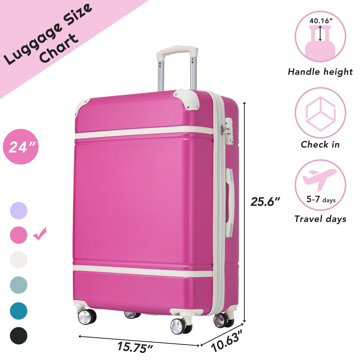 24 IN Luggage 1 Piece with TSA lock , Expandable Lightweight Suitcase Spinner Wheels, Vintage Luggage,Pink