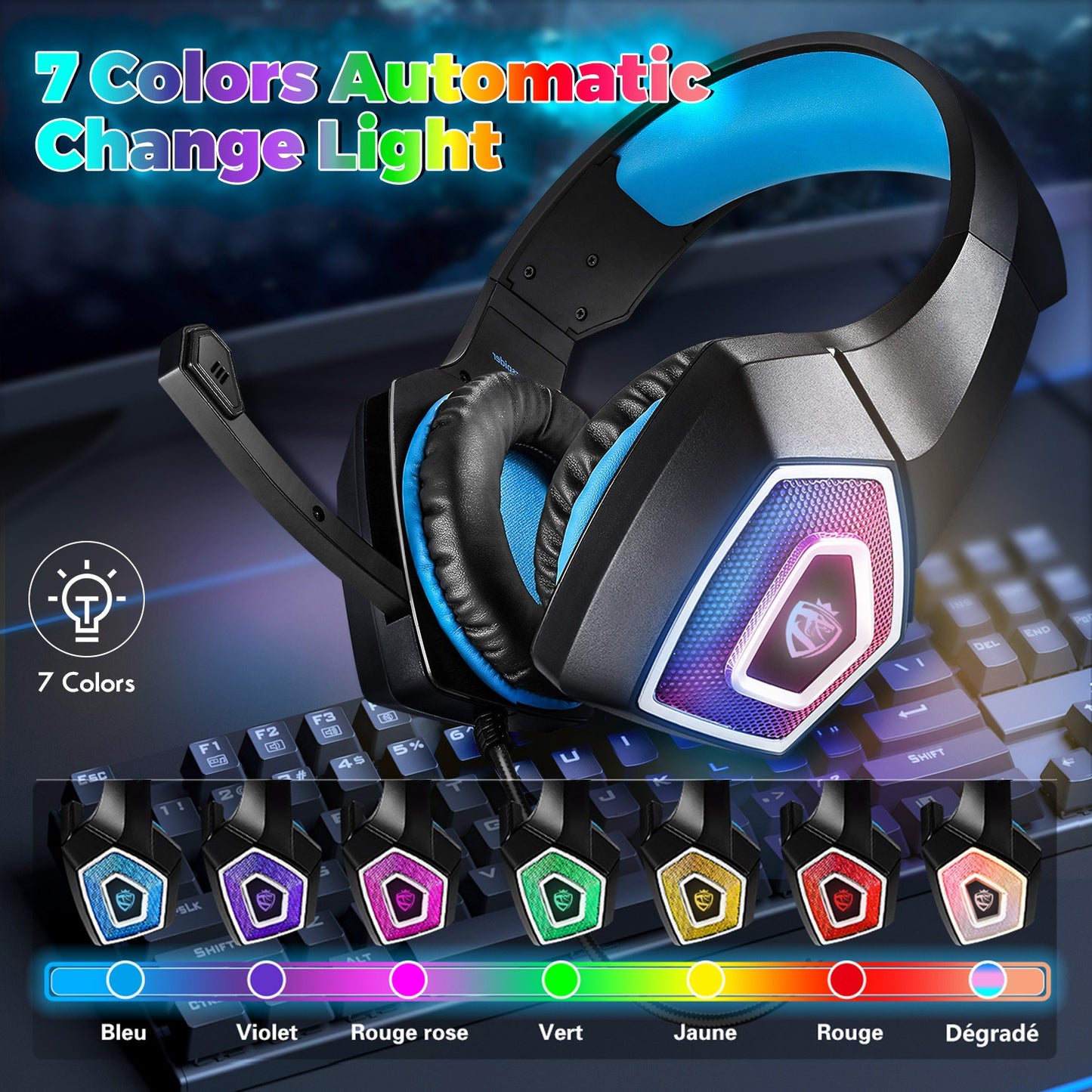 Head mounted gaming headphones colorful RGB wired computer headphones game controller headphones