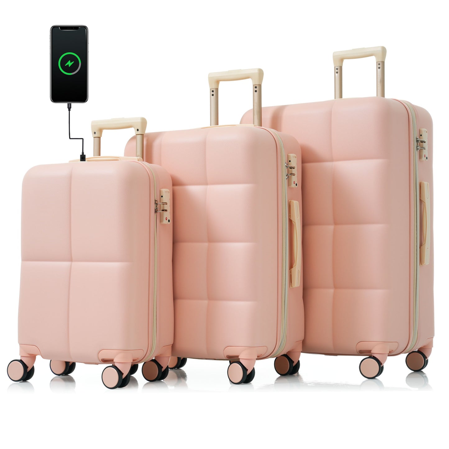 3-piece luggage set, 20 inches, ABS hard shell luggage with USB port and cup holder rotating wheel, pink color